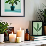 **Image:** A cozy aromatherapy corner in a home. The scene should include a diffuser releasing scented mist, candles glowing softly, and a variety of green plants. The color scheme should be calming, with blues, greens, and pastel tones. Add personal touches like books and framed photos.
    **Prompt:** Cozy aromatherapy corner, diffuser with scented mist, candles glowing softly, green plants, calming colors, personal touches, books, framed photos, peaceful atmosphere.