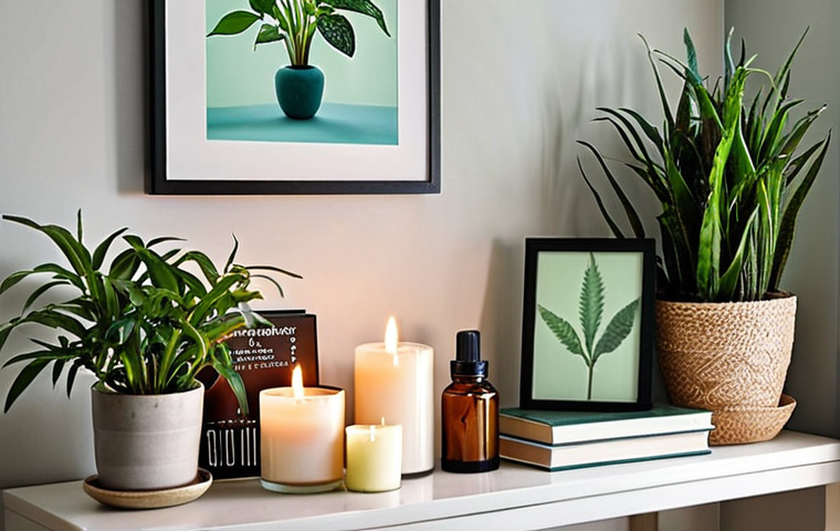 **Image:** A cozy aromatherapy corner in a home. The scene should include a diffuser releasing scented mist, candles glowing softly, and a variety of green plants. The color scheme should be calming, with blues, greens, and pastel tones. Add personal touches like books and framed photos.
**Prompt:** Cozy aromatherapy corner, diffuser with scented mist, candles glowing softly, green plants, calming colors, personal touches, books, framed photos, peaceful atmosphere.