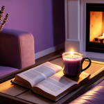 **

A cozy living room scene in the evening. Soft, warm light illuminates the room from a burning lavender-scented candle on a side table. A person is relaxing on a comfortable sofa, sipping Turkish coffee, with a book in their lap. The atmosphere is peaceful and inviting.

**