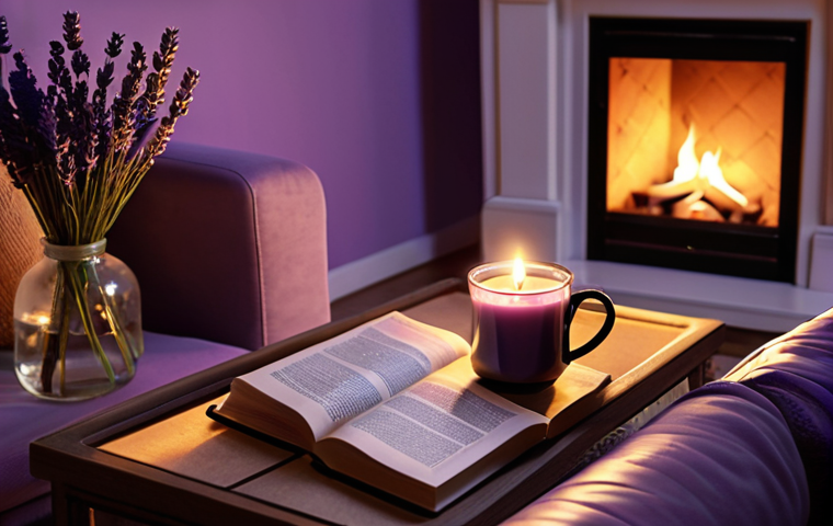 **
A cozy living room scene in the evening. Soft, warm light illuminates the room from a burning lavender-scented candle on a side table. A person is relaxing on a comfortable sofa, sipping Turkish coffee, with a book in their lap. The atmosphere is peaceful and inviting.
**